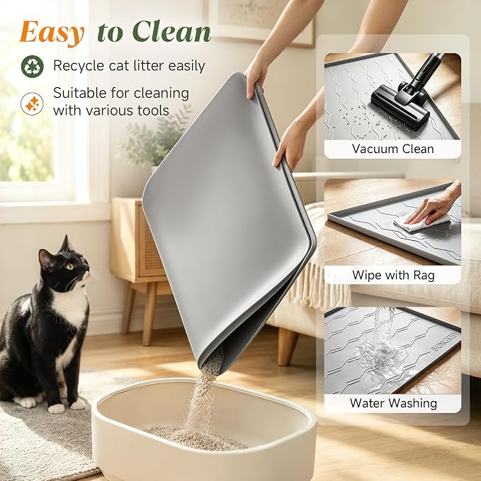 Songrey Silicone Cat Litter Mat 34" x 22", Large Litter Trapping Mat, Gray | Waterproof, Urine-Proof Litter Box Mat for Floor, Soft on Kitty Paws, Easy To Clean, Cat Supplies, Pet Feeding Mat