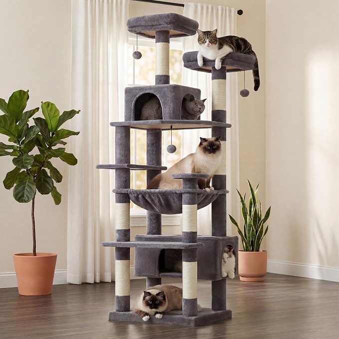 PAWZ Road 72" Cat Tree, Tall Cat Tower with Hammock& Condos for Large Cats | 20"x16" hammock for adult cats, cat tower with 7 scratching posts, dual top perch and large condo for big cats