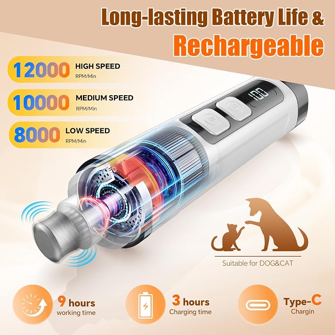 Dog Nail Grinder Electric Powerful 3 Speeds Dog Nail Clippers with Lights Quiet Cat Nail Clipper Painless Care Trimmers Tools for Small Medium Large Dogs and Cats (Black)