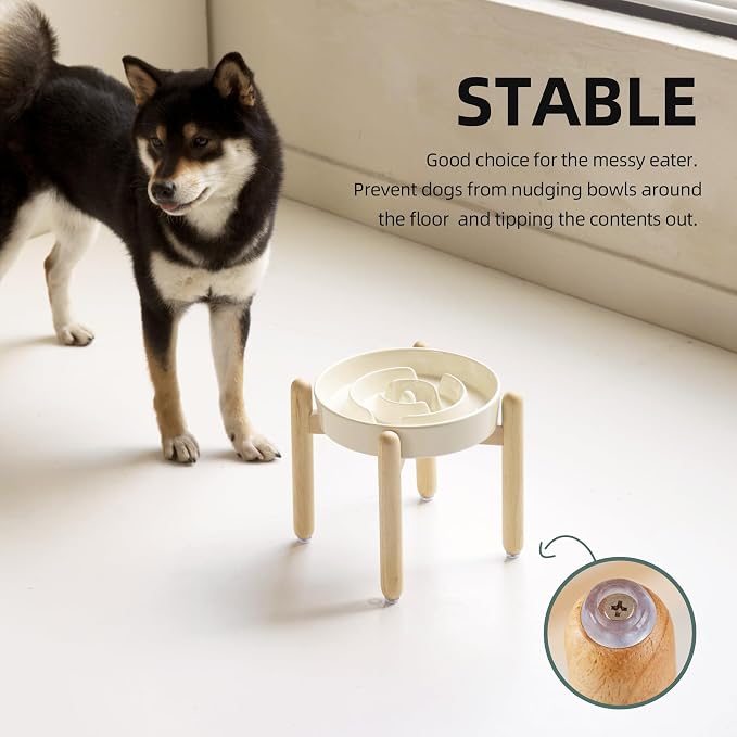 Havniva 8.2” Raised Slow Feeder Dog Bowls, 1.6 Cups Ceramic Dog Bowl Slow Feeding for Medium Breed, Elevated Puzzle Dog Food Bowl with Wooden Stand Non-Slip Anti-Gulping & Anti-Choking