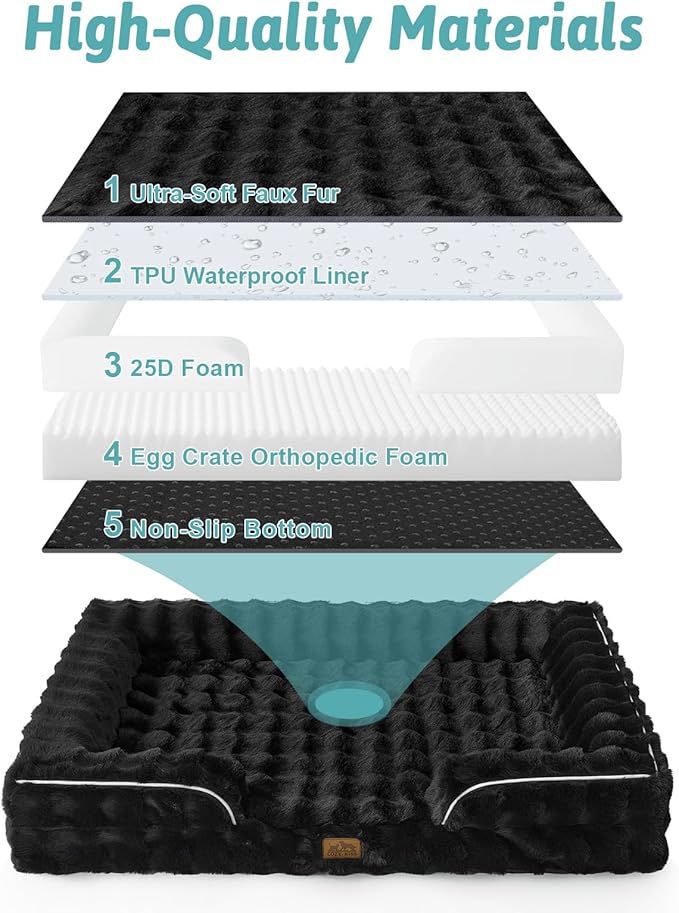 COZY KISS Orthopedic Dog Bed for Extra Large Dog 44x32 inch, XL Faux Fur Pet Sofa, Bolster Foam Bed with Sides, Non-Slip and Egg-Crate Big Dog Couch Bed with Washable Removable Cover, Black