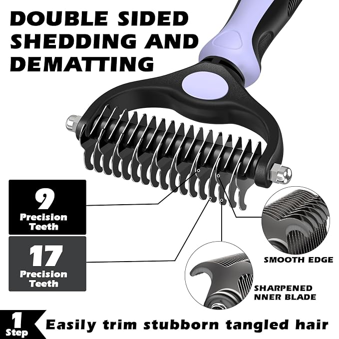 Professional 3PCS Self Cleaning Slicker Brush & Pet Grooming Rake & Flea Comb for Dogs,Cats and Horses | Double-Sided Dematting Comb & Skin Friendly Deshedding Grooming Tool (Light Purple)