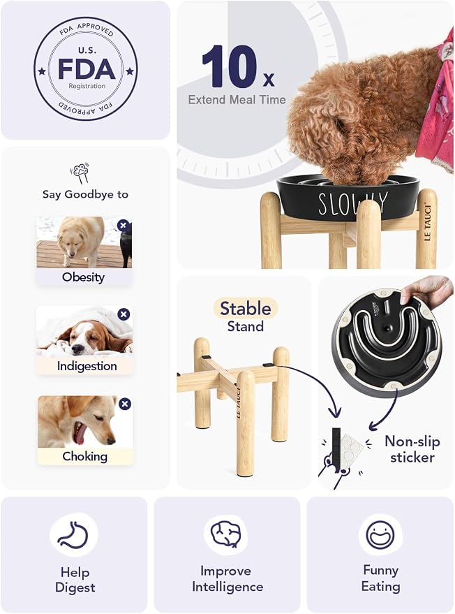 LE TAUCI PET Ceramic Slow Feeder Dog Bowls Elevated, 3 Cups Raised Dog Bowl with Wooden Stand for Medium Large Breed to Slow Down Eating, Puzzle Food Bowl,Black