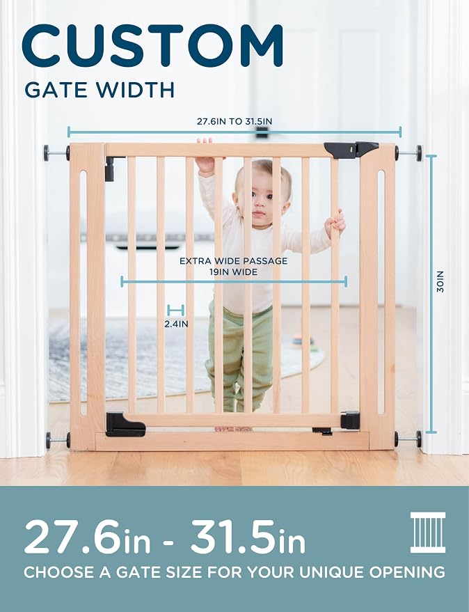 Baby Delight SizeWise™ Wood Pressure Mounted Safety Gate 27.6"-31.5" | Extra-Wide Passage | Auto-Close Two-Way Opening | Easy Installation | PEFC Certified Beech Wood (28.7" Passage)