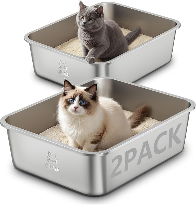 Qiuma 2 Packs Stainless Steel Cat Litter Box, 17.5" L×13.6" W×5.9" H, Metal Kitty Litter Box with High Sided for Small Cats, Non-Stick, Easy to Clean, Odor-Free