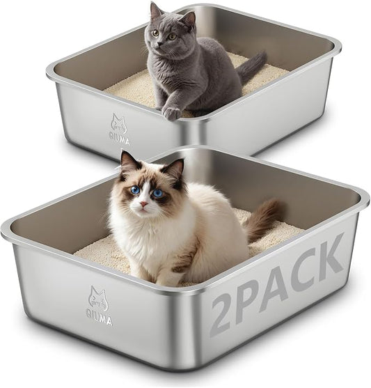 Qiuma 2 Packs Stainless Steel Cat Litter Box, 17.5" L×13.6" W×5.9" H, Metal Kitty Litter Box with High Sided for Small Cats, Non-Stick, Easy to Clean, Odor-Free