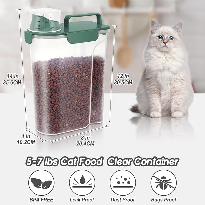 LEAWALK 5-7lbs Cat Dog Storage Container Portable with Upgraded Large Spout and Cup, Plastic Pet Food Dispenser BPA-Free for Small Animal Kibble, Bird Seed, Oatmeal, Rice, Flour-2Pack Royal Green