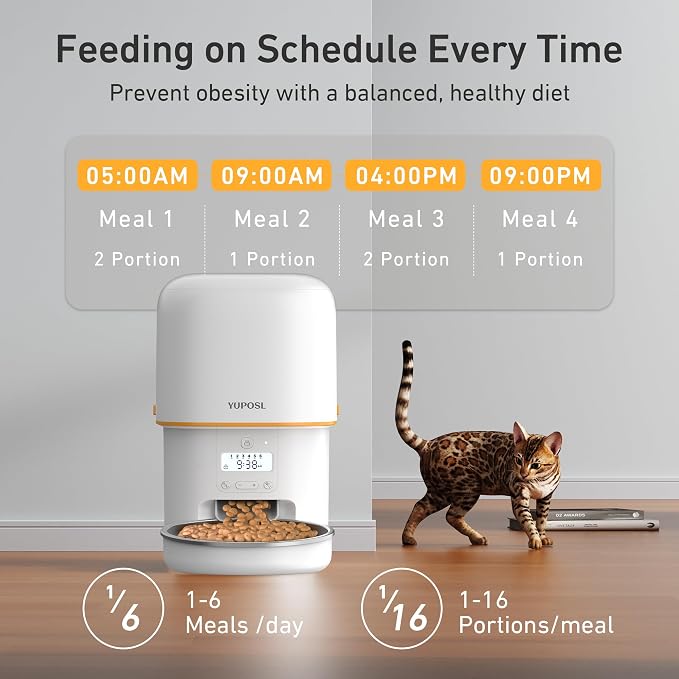 Automatic Cat Feeder, 3L Cat Food Dispenser with Anti-Jam Design, Over 180-day Battery Life, 1-6 Meals Per Day with Stainless Steel Cat Bowl, Keep Dry Food Fresh, Timed Pet Feeder Also for Small Dog