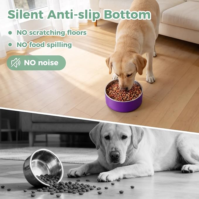 LIHONG Stainless Steel Dog Bowls for Small Medium Sized Dogs Non Slip,Insulated Dog Bowl,Pet Bowl for Food and Water,Rustproof(40oz,Purple)