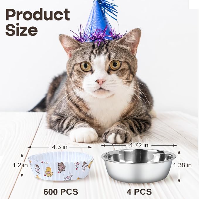 Bulk Disposable Cat Bowls Set (600 Pcs Cat Food Bowl Liners + 4 Pcs Stainless Steel Pet Bowls) Small Paper Bowls for Puppy Kitten Small Dogs and Cats, Ideal for Dry & Wet Food (White, Cat Paw Print)