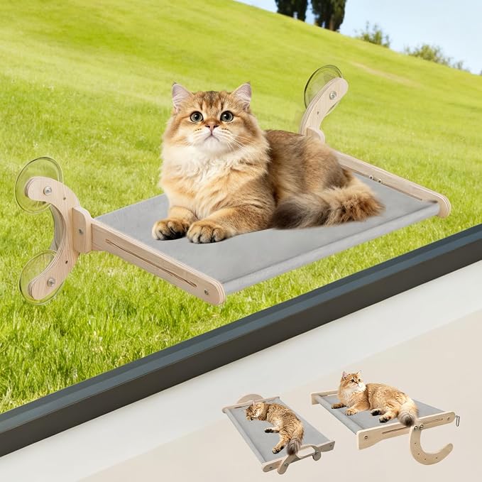 Window Cat Bed, Sturdy Cat Window Perch, Adjustable 4-in-1 Cat Hammock, 4 Modes for Complex Scenarios, Durable & Safe Hanging Seat for Kittens, Cats, Small Pets to Sleep & Play (Grey, 18inch)