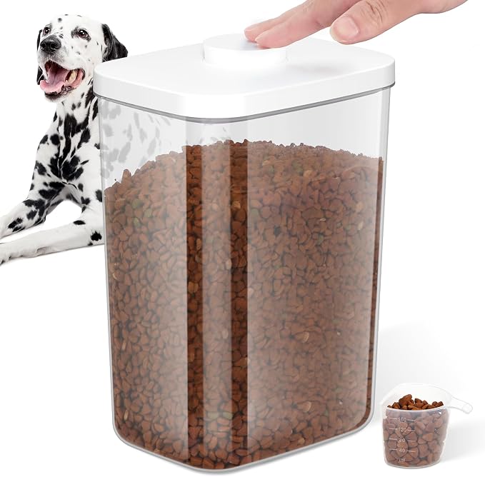 LEAWALK 5-8 Lbs/6Qt Airtight Dog Cat Food Storage Container and Pet Storage Bin BPA-Free, PET Clear Stackable Dog Treat Containers Measuring Scoop Suitable for Dogs Food, Cats Food and Other Dry-1Pack