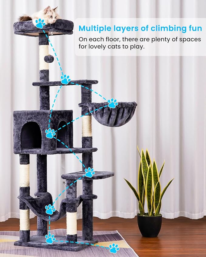 Hey-brother Cat Tree, Multi-Level Sisal Covered Scratching Posts, MPJ050G | 60.6 Inches Tower with Condo, Large Hammock, Top Perch, Toy Ball for Indoor Multi-Cats Households, Smoky Gray