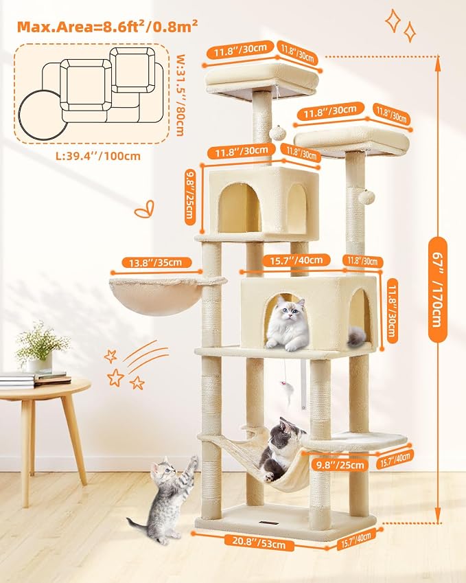Taoqimiao Cat Tree, 67 in Tall Cat Tower with 2 Plush Cat Condos | 7 Scratching Posts, 2 Top Perches, Cozy Hammock & Basket, Indoor Cats, 2 Pompoms & Mouse Toy, Beige, MS013M
