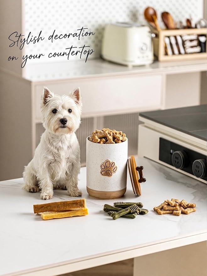Miamolo Dog Treat Container with Lid, Ceramic Dog Treat Jar Airtight, 8 Cups Dog Food Storage Container for Countertop, Decorative Dog Cookie Jar with Hanlde, Premium Pet Gift, Paw Dotted White
