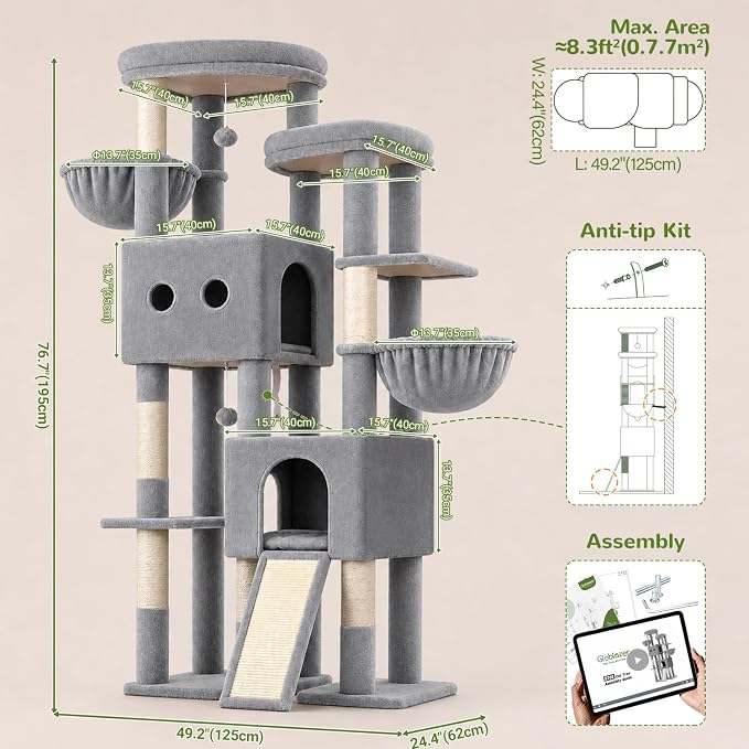 Globlazer Sturdy Cat Tower for Indoor Cats 20lbs, 76in, S76E, Light Grey | Heavy Duty Cat Tree for Adult Big Cats Maine Coon with Scratching Post, 2 Extra Large Top Perch, 2 Padded Cat Condos