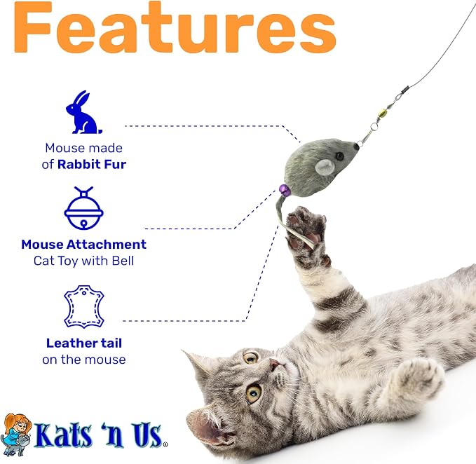 Kats’N US 2 Inch Real Rabbit Fur Handmade Gray Mouse Cat Toy on Wand