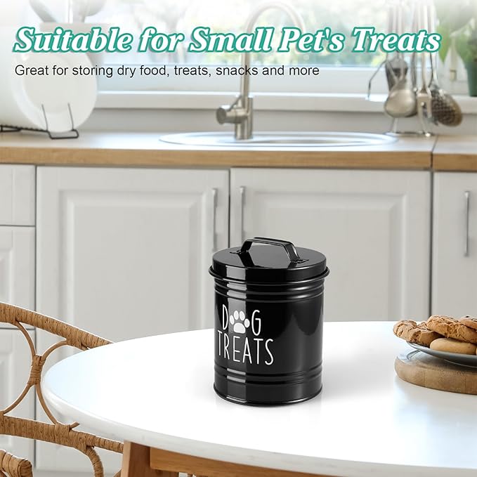 OUTNILI Small Dog Treat Container Airtight - 6" Tall X 4.9" Round Black Dog Treat Jar for Kitchen Counter - Rustic Treat Storage Canister for Dogs, Cats, Small Animals - Gifts for Pet Owners
