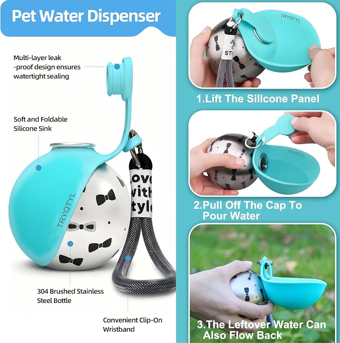 Dog Water Bottle, 10oz Stainless Steel Portable Dog Water Bottle with Foldable Silicone Bowl, 2-in-1 Portable Dog Water Bowl for Water & Food, Water Dispenser for Dogs Walking (Pink)