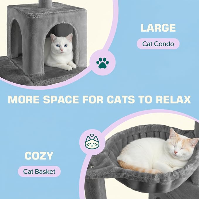 Allewie 29.5in Indoor Cat Tree, Multi-Level Cat Tower with Sisal Scratching Posts, Padded Perch, Basket, Condo, and Hanging Ball, Suitable for Kittens and Adult Felines, Grey
