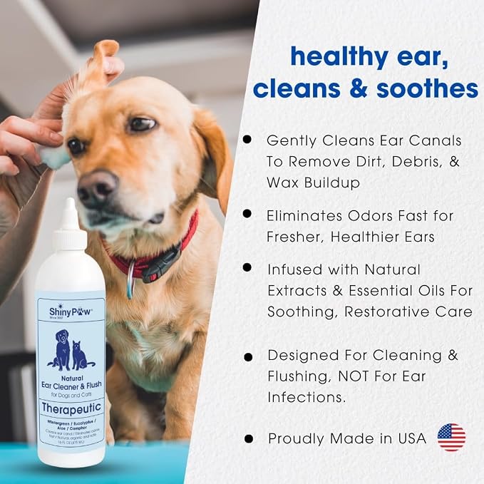 Dog Ear Cleaner Solution for Dogs & Cats 16 oz by Shiny Paw | Wintergreen, Camphor & Aloe – Gentle Ear Flush for Pets Health | Dog Ear Wash | Made in the USA