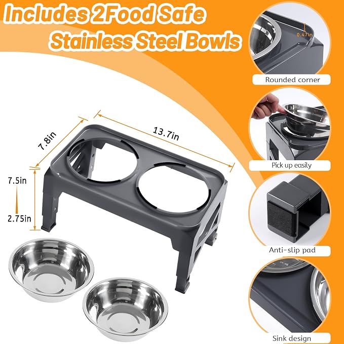 Hubulk Elevated Dog Bowls with 2 Stainless Steel Dog Food & Water Raised Bowls with No Spill Edge Non-Slip Stand Adjusts to 3 Heights(2.75", 6.0", 7.5") for Small Medium Dogs and Pet