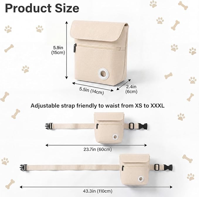 Dog Treat Pouch and Dog Training Clicker, Treat Bag with Poop Bag Dispenser, Powerful Magenetic Clasp, Metal Clip Waist Belt Fanny Pack for Pet Walk Dog Training (White)