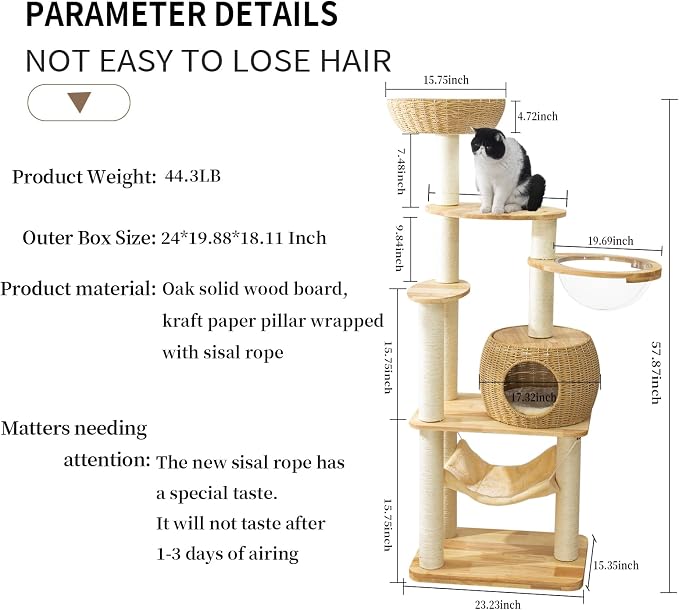 59-Inch Modern Cat Tree Tower for Large Indoor Cats, Handwoven Basket Condo | Stable multi-level structure, reinforced base, 8 cm sisal posts, clear space capsule, hammock, washable cooling & plush mats