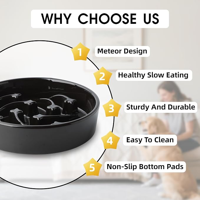 Ceramic Slow Feeder Dog Bowls Large Breed, 2 Cups Slow Eating Dog Bowl, Anti-Gulping Pet Food Bowl Reduce Choking, Heavy Puzzle Maze Design Pet Dishes for Fast Eaters, 8.3 inch - Black