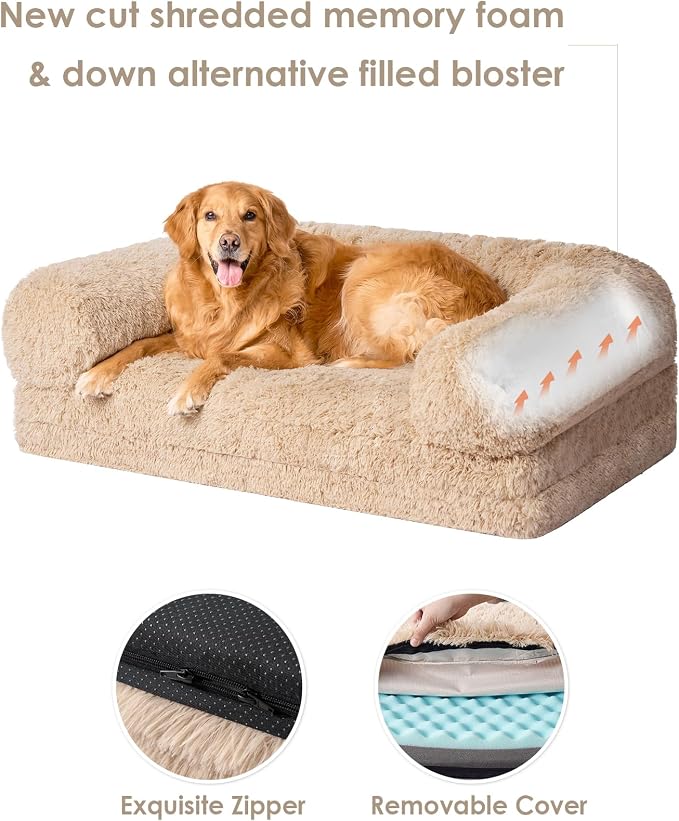 EHEYCIGA Foldable Human Dog Bed, 72"x44"x11" Orthopedic Memory Foam Human Sized Dog Bed, Waterproof Pet Bed for People, Faux Fur Pet Couch for Adult with Non-Slip Bottom, Camel