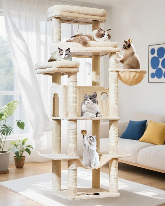 Taoqimiao Heavy-Duty Cat Tree, 71 in Cat Tower for Large Cats 20lbs+ | 3 Giant Multi-Tier Perches, Widened Cat Condo with 9 Scratching Posts, Plush Hammock & Basket, Toys, Beige, MS034M