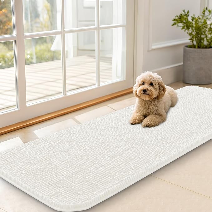 OLANLY Dog Door Mat for Muddy Paws 59x20, Super Absorbent Chenille Mud Mat | Ivory, Absorbs Moisture and Dirt, Non-Slip Machine Washable Doormat, Quick-Drying Indoor Entryway Floor Carpet for Dogs