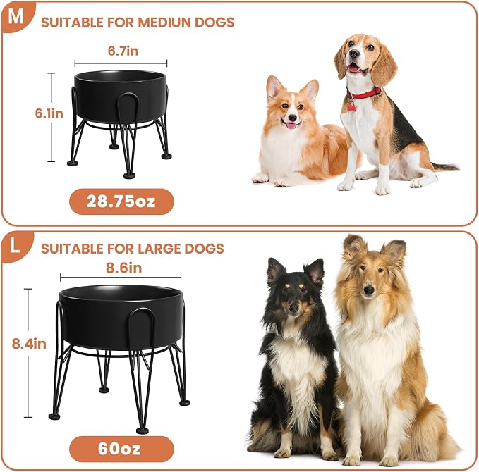 Elevated Dog Bowls, Ceramic Raised Dog Bowl Set with Anti-Slip and Non-Tip Metal Stand, 2 Pack Pet Food and Water Feeding Bowls for Small and Medium Dogs (Black,7.6 Cups)