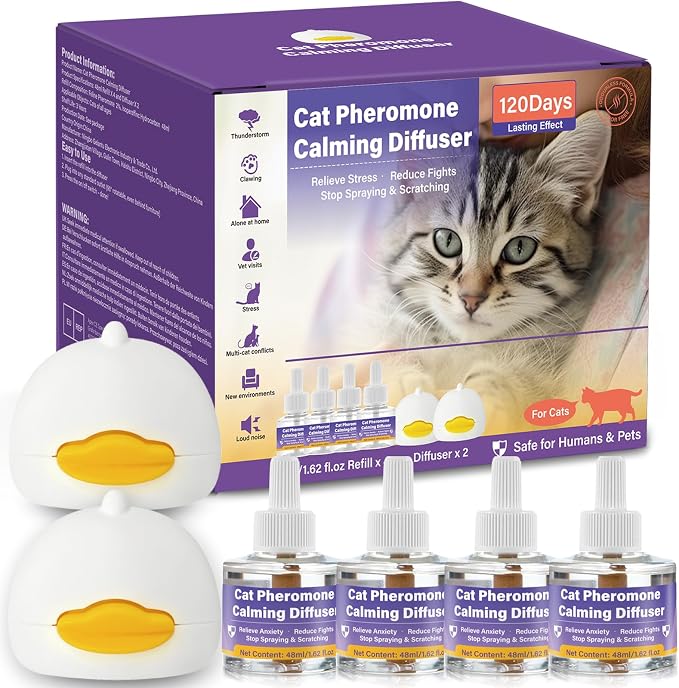 Cat Calming Pheromone Diffuser, 4 Refills 48ml & 2 Diffusers, 120 Days Long-Lasting, Relieve Anxiety, Reduce Fighting, Spraying & Scratching, Safe for Cats Kittens & Humans