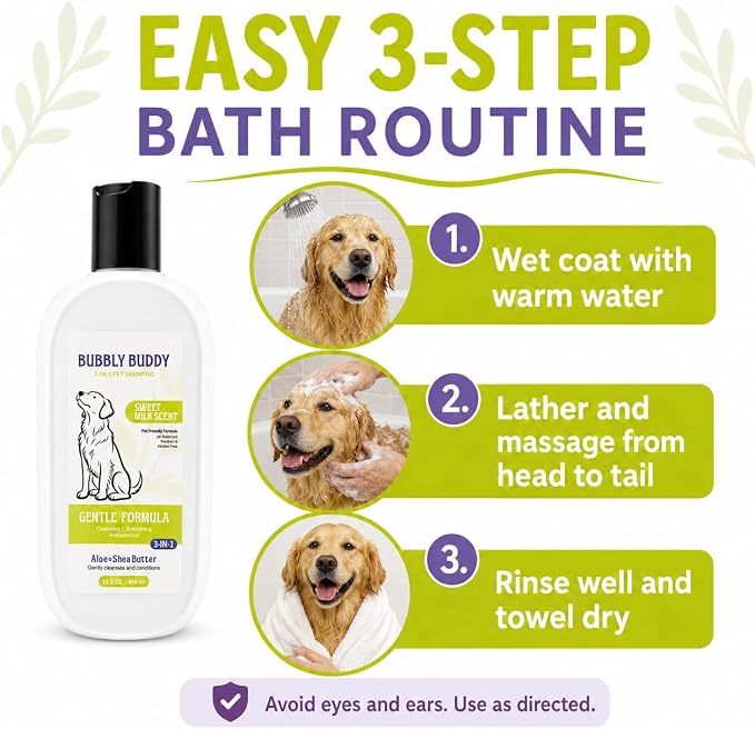 3-in-1 Pet Shampoo for Dogs, Sweet Milk Scent Dog Shampoo and Conditioner with Aloe,Shea Butter,Colloidal Oatmeal,Jojoba Oil & Vitamin E, pH Balanced Cleansing, Smoothing & Antibacterial Care, 15.5 oz