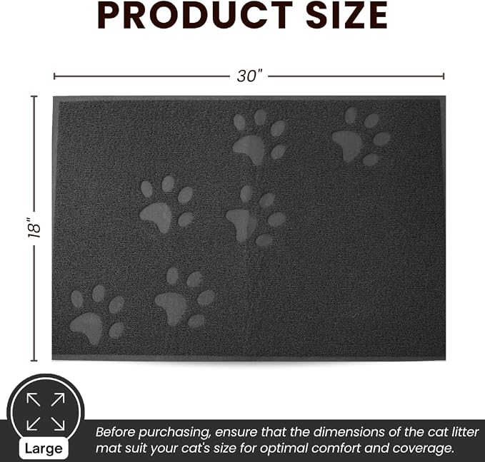 Andalus Large Cat Litter Mat, Pack of 1 - Waterproof, Non-Slip & Easy to Clean Cat Litter Box Mat for Extra Efficient Pet Litter-Trapping, Grey (30” X 18”)