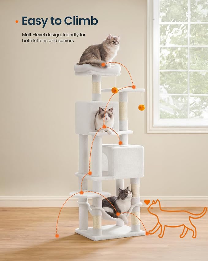 SONGMICS HOME Cat Tree for Indoor Cats, Multi-Level Cat Tower with Sisal Scratching Posts, Hammock and Condo, White
