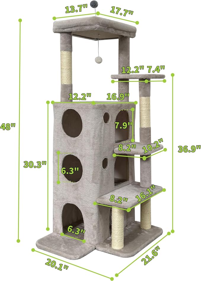 48" Cat Tree Tower for Indoor Cats, Multi-Level Cat House for Large Cats with 3 Cozy Cat Condos, Extra Large Top Perch, Sisal Scratching Posts & Climbing Steps, Light Grey