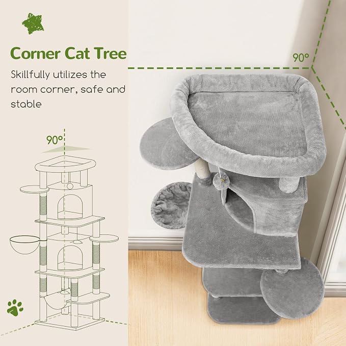 Globlazer 66in Corner Cat Tree Tower for Indoor Large Cat, C66, Light Grey | Space-Saving Stable Adult Cat Tower with 6 Scratching Posts, 2 Large Fan-shaped Condos & Top Perch, Hammock, Climbing Steps