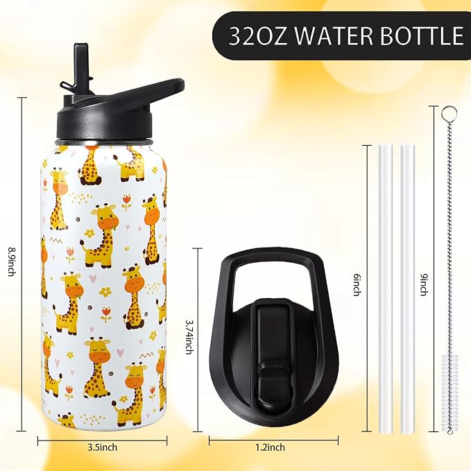 32oz Giraffe Stainless Insulated Aater Water Bottle with Straw,Giraffe Gym Hiking Sports Coffee Mug Cup Water Bottles,Giraffe Gifts for Women,Giraffe Decor Stuff Accessories