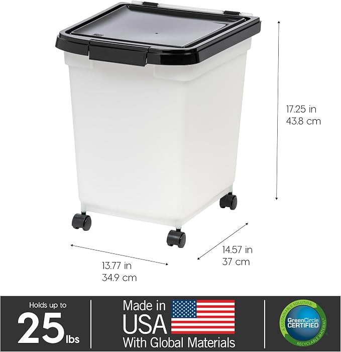 IRIS USA 25 Lbs / 32.5 Qt WeatherPro Airtight Pet Food Storage Container with Removable Casters, for Dog Cat Bird and Other Pet Food Storage Bin, Keep Fresh, Translucent Body, Pearl/Black