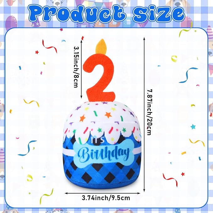 Dansydaisy Dog Birthday Cake Toy Squeaky Plush Toy for Girl Boy Gifts, Chew Accessories for Dog Birthday Party Decor Favor for Large, Medium and Small Dogs(2nd,Blue Grid)