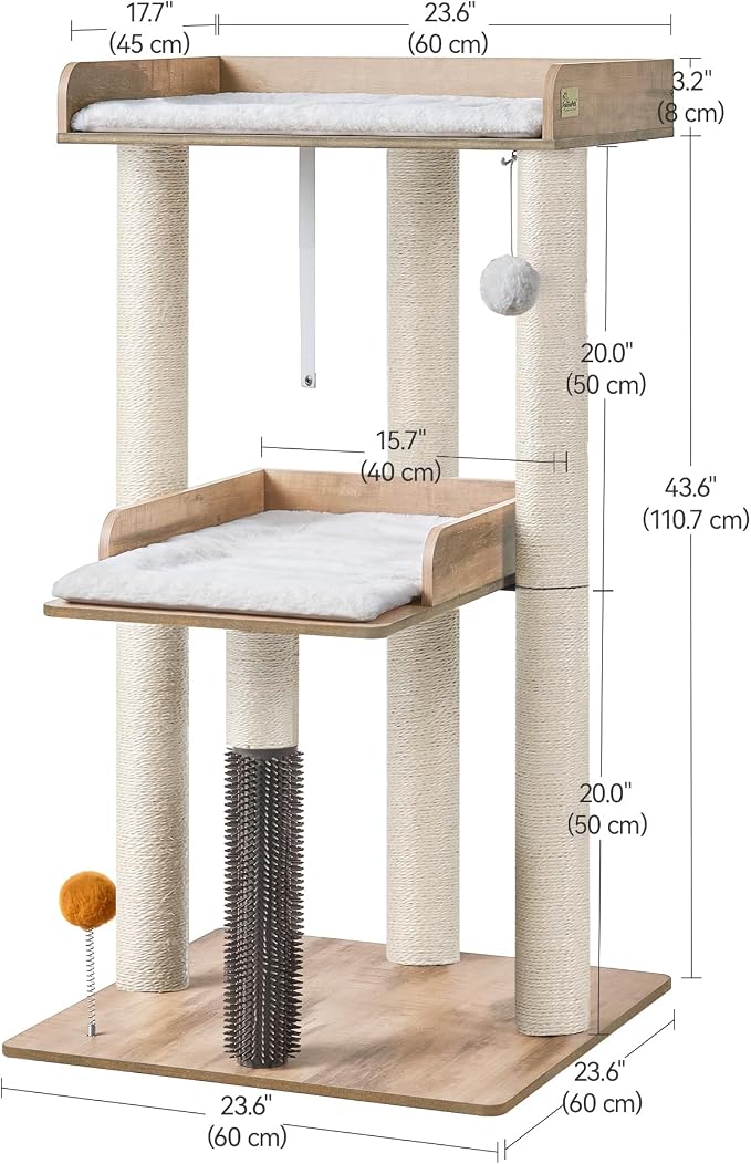 43.7" Cat Tree, Modern Cat Tree Tower, Cat Tower for Indoor Cats Large Adult, Cat Condo with Scratching Post, Large Perch and Removable Pads, Greige