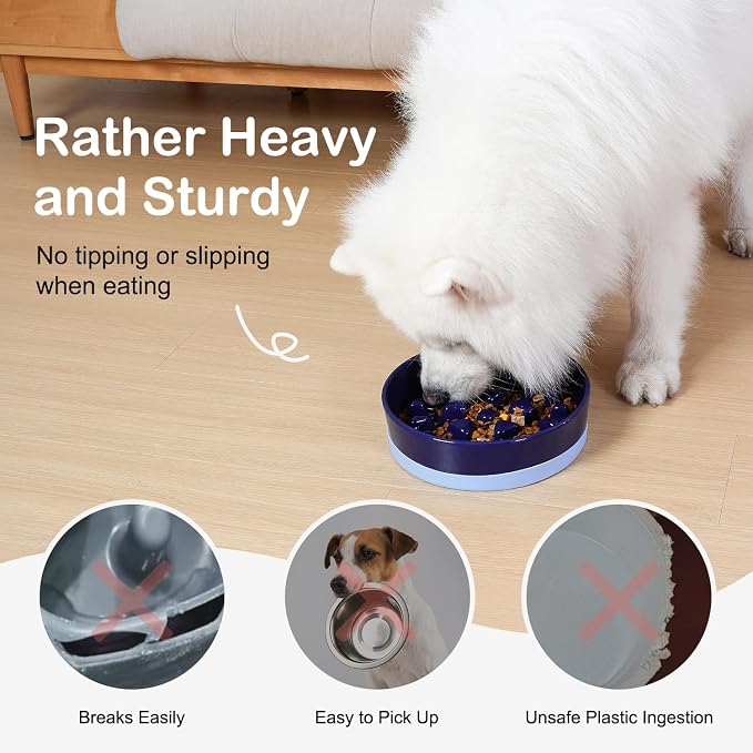 Sted Ceramic Slow Feeder Dog Bowls for Medium Large Breed, Slow Feeding Dog Bowl, Dogs Food Bowls for Fast Eaters, Puzzle Dogs Food Bowl with Silicone Base, Maze Blue