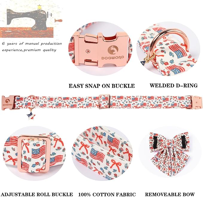 DOGWONG American Flag Dog Collar with Sailor Bow - Adjustable and Comfortable 4th of July Dog Collar Patriotic Necklace for Large Medium Small Pet,M