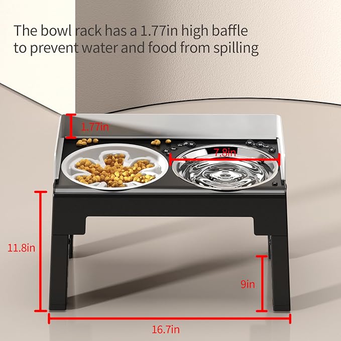 Elevated Dog Bowls for Medium and Large Dogs, Spill-Proof Tiltable Dog Feeder with Slow Feeder Bowl and Stainless Steel Water Bowl, 6-Height Adjustable Raised Dog Bowl Stand