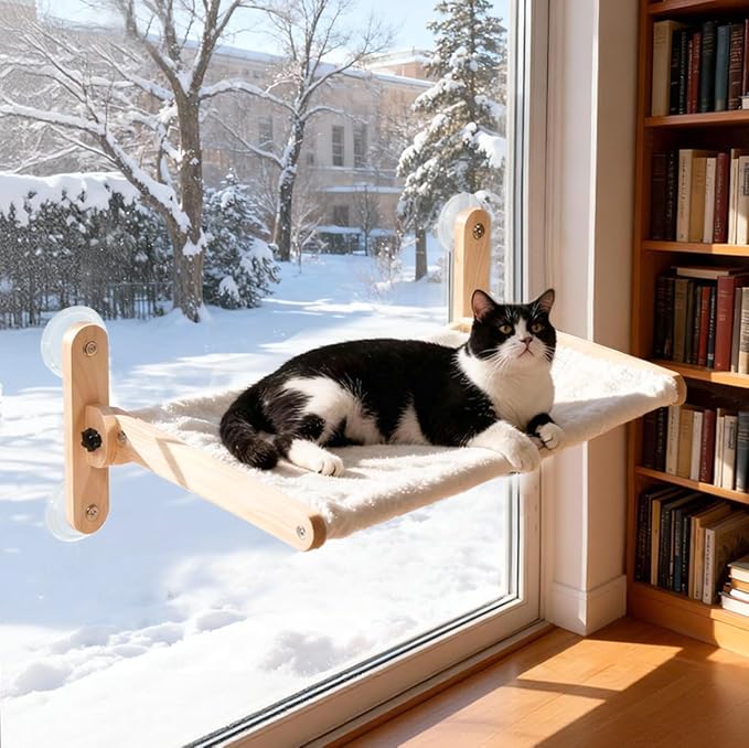 LuLu's World Foldable Large Cat Window Perch,Wooden Frame 23.7"×14.4" Beige | Soft berber fleece cover,washable fabric,strong suction cups,no drilling,space saving,easy to disassemble,breathable and warm