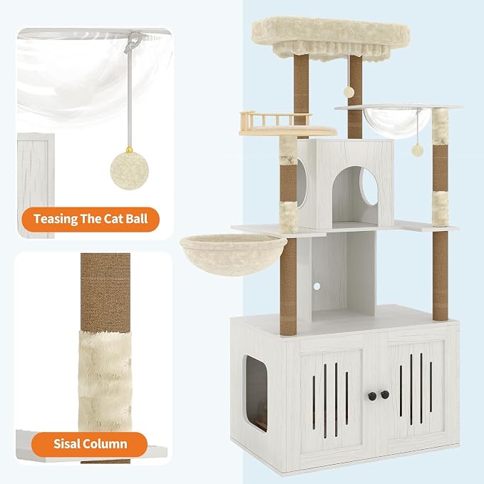 TrailBlaze Modern Multi-Level Cat Tree with Hidden Litter Box Enclosure - Large Soft Perch - Sisal Scratching Posts - Cat Condo & Hammock for Indoor Cats - Natural Wood Color