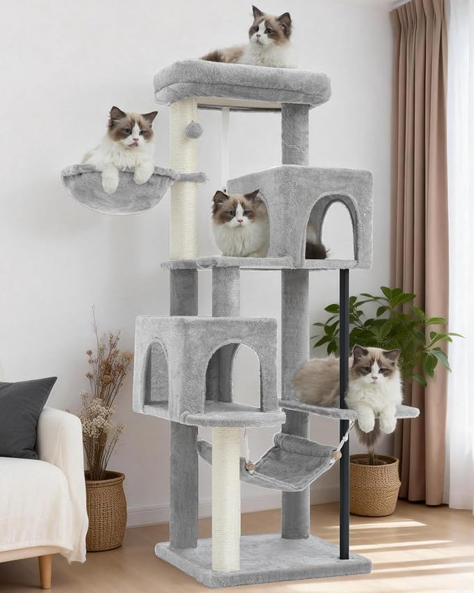 Cat Tree Tower with Sturdy Steel Tube for Indoor Cats GCT014W | 51.2'' Cat Furniture with Scratching Posts, Hammock, Basket and Padding Top Platform for Inoor Cats Large Adult, Light Gray
