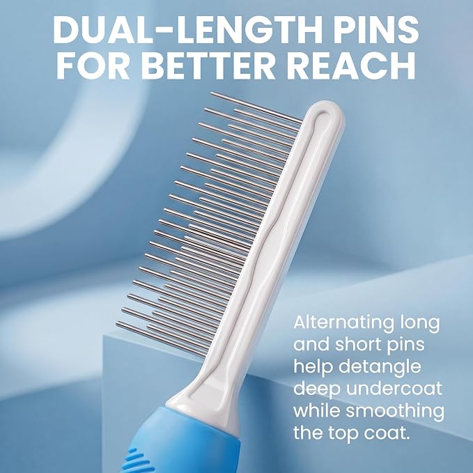 Poodle Grooming Comb - Metal Dematting Comb with Long & Short Stainless Steel Teeth for Removing Matted Hair & Knots, Safe and Gentle for Dogs & Cats